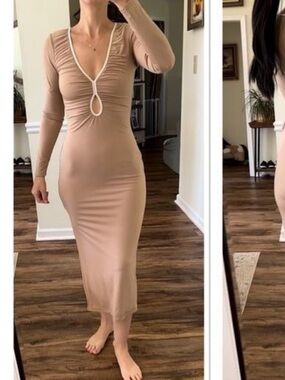 Abercrombie & Fitch Midi Dress Women’s Small Cut Out Tan Beige Slimming K